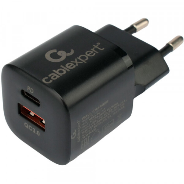 Зарядное устройство сетевое Cablexpert 20Вт, 3А, QC3.0/PD, 1xUSB, 1xType-C, (MP3A-PC-47)