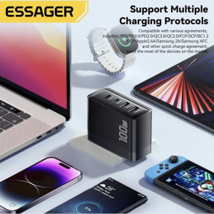 Сетевое зарядное устройство Essager 100 Вт GaN USB Type C Quick Charge 4.0 3.0 Type C, Black Сетевое зарядное устройство Essager 100 Вт GaN USB Type C Quick Charge 4.0 3.0 Type C, Black