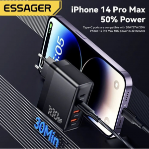 Сетевое зарядное устройство Essager 100 Вт GaN USB Type C Quick Charge 4.0 3.0 Type C, Black Сетевое зарядное устройство Essager 100 Вт GaN USB Type C Quick Charge 4.0 3.0 Type C, Black