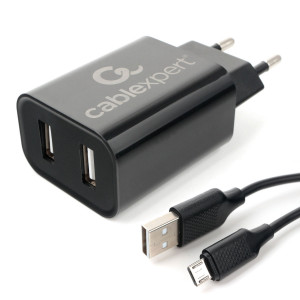 Зарядное устройство сетевое Cablexpert MP3A-PC-35, 12Вт, 2.4А, 2хUSB, кабель Micro USB 1м, черный, коробка-блистер