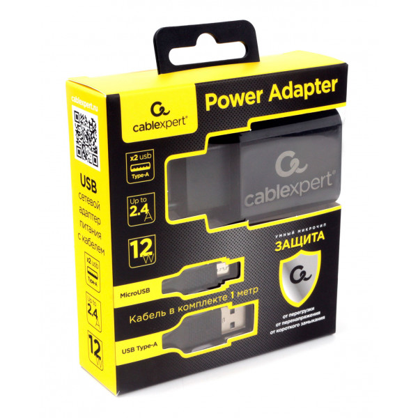 Зарядное устройство сетевое Cablexpert MP3A-PC-35, 12Вт, 2.4А, 2хUSB, кабель Micro USB 1м, черный, коробка-блистер