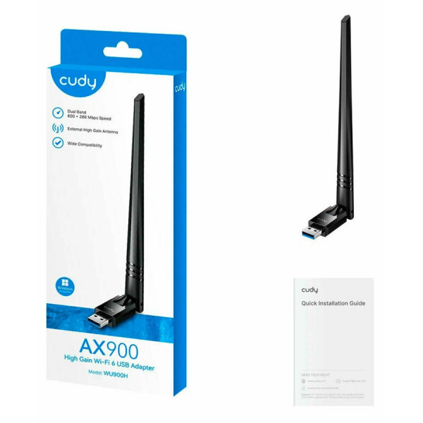 Беспроводной адаптер USB Wi-Fi 6 Cudy WU900H, AX900, USB 2.0, внешняя антенна Беспроводной адаптер USB Wi-Fi 6 Cudy WU900H, AX900, USB 2.0, внешняя антенна
