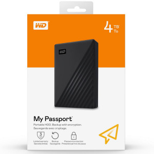 Внешний HDD 2.5" Western Digital My Passport, 4TB, USB 3.2 Gen 1 Type-A, 5400 rpm, черный