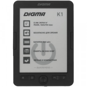 Электронная книга Digma K1 6" E-ink HD Pearl 758x1024 600MHz 128Mb/4Gb/SD/microSDHC темно-серый