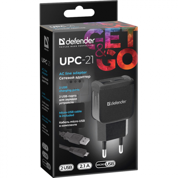 Зарядное устройство сетевое Defender UPC-24 2xUSB,5V/2.1А, кабель Type-C Зарядное устройство сетевое Defender UPC-24 2xUSB,5V/2.1А, кабель Type-C